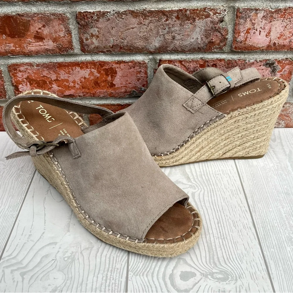 TOMS Monica Wedge Espadrille Sandals Desert Taupe Suede Size 9.5 M
